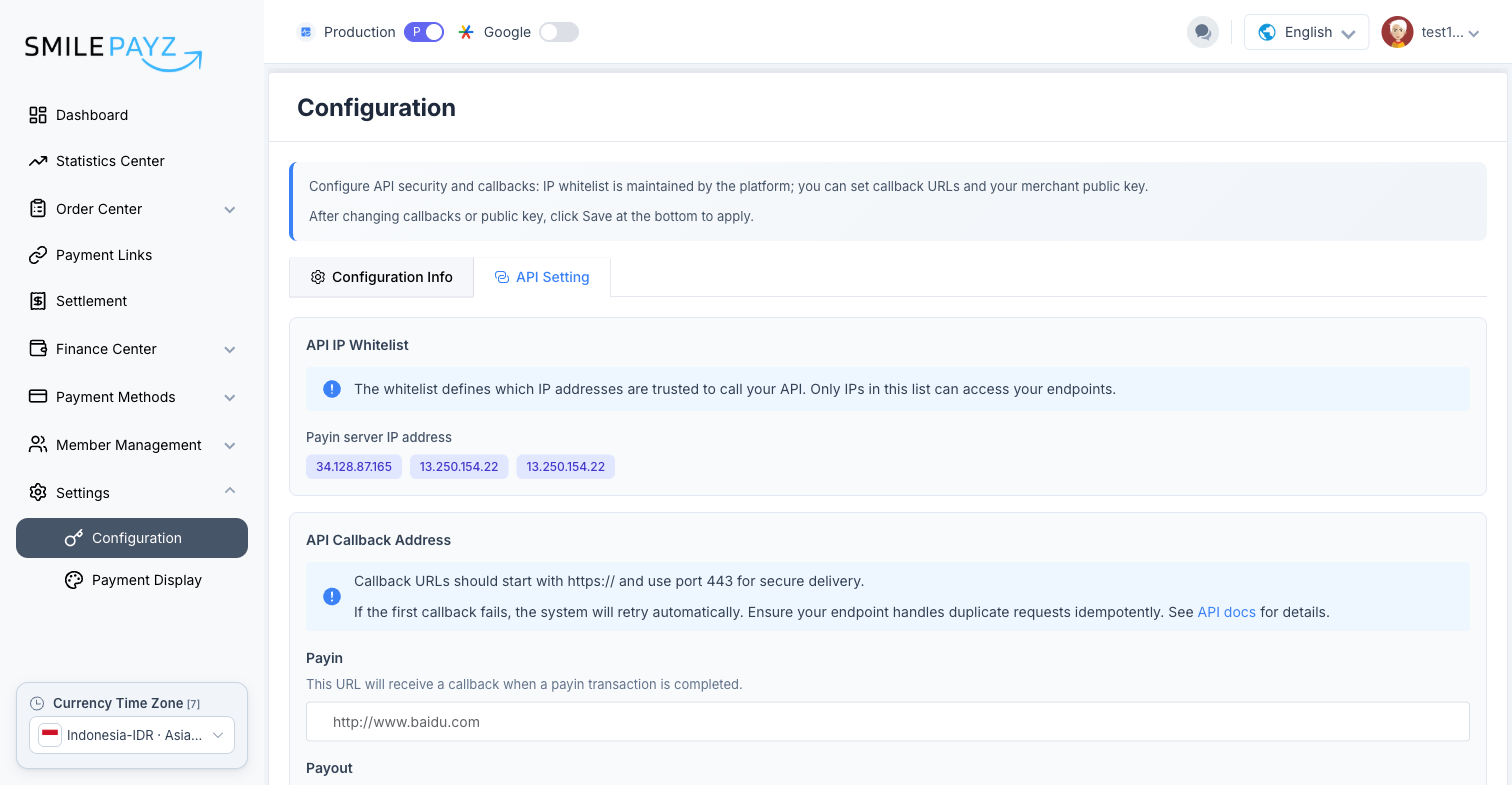 Production — API Setting