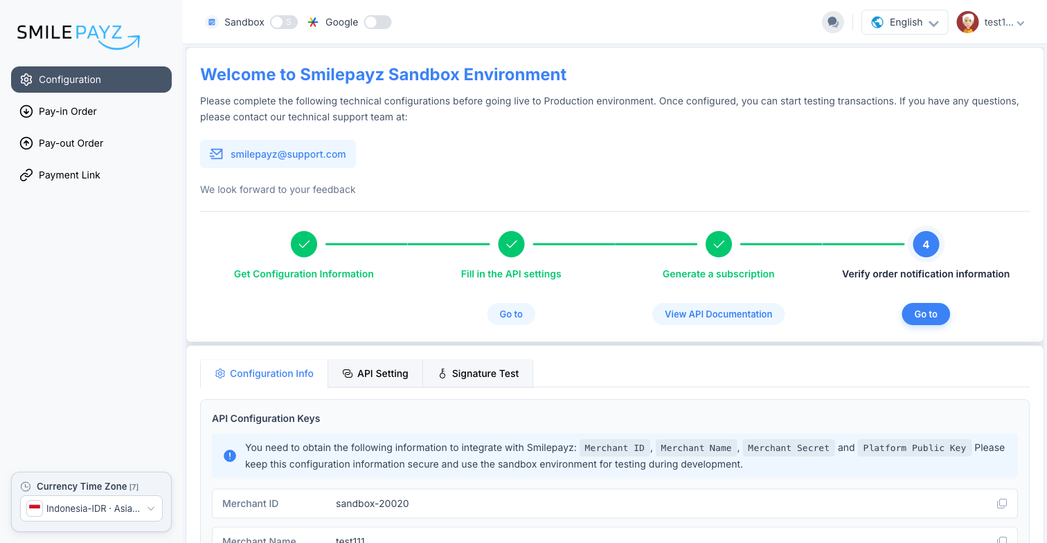 Sandbox — Configuration Info