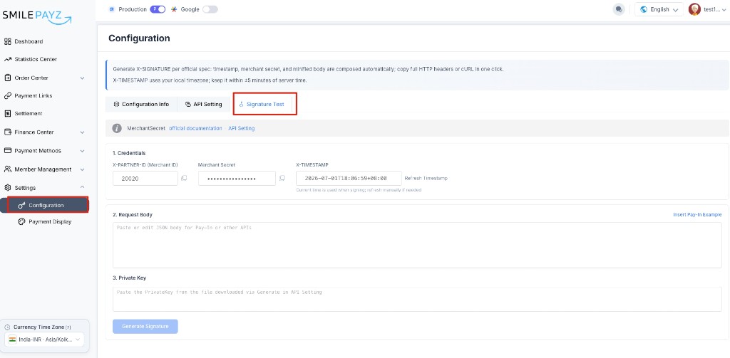 Merchant portal — Signature Test